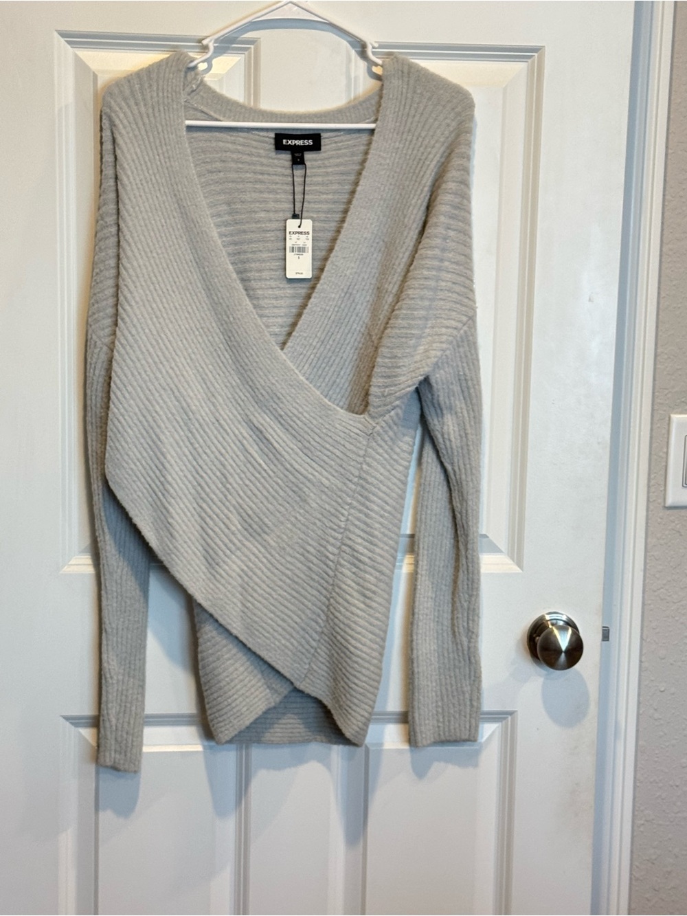 Express Light Gray Ribbed Wrap V-Neck Sweater